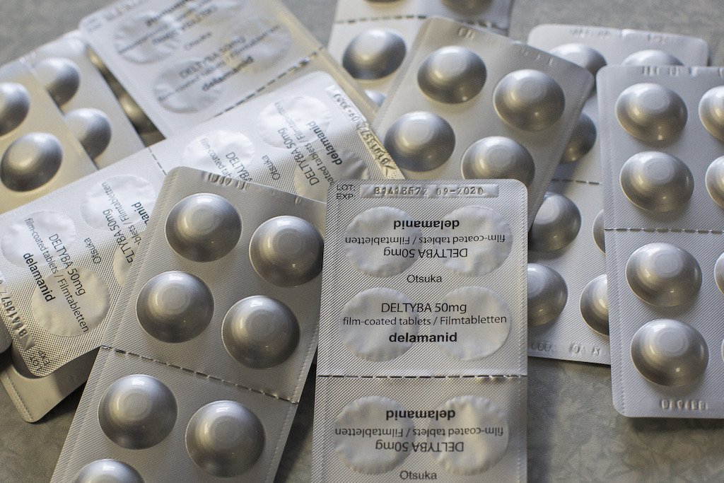 Close up of sachets of the drug Delamanid in the Town 2 Clinic, Kuyasa, Khayelitsha, Western Cape in South Africa. Photographer: Sydelle WIllow Smith
