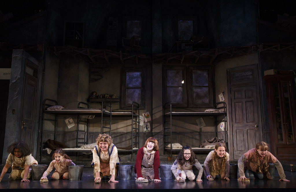Casey Watkins, Annabelle Wachtel, Sage Bentley, Heidi Gray, Bridget Carly<br/>Marsh, Emily Moreland and Molly Rose Meredith in “It’s the Hard Knock Life”<br/>Photo: Joan Marcus