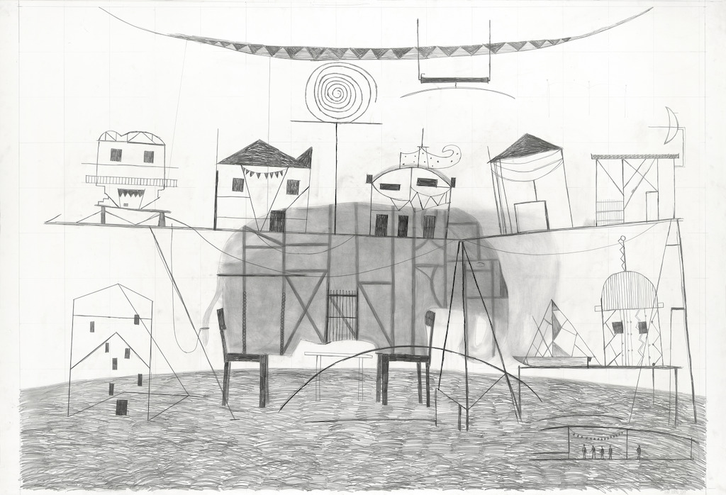 Dirk-Zoete-Fragile-setting-and-elephant-2011-pencil-on-paper-164x240cm