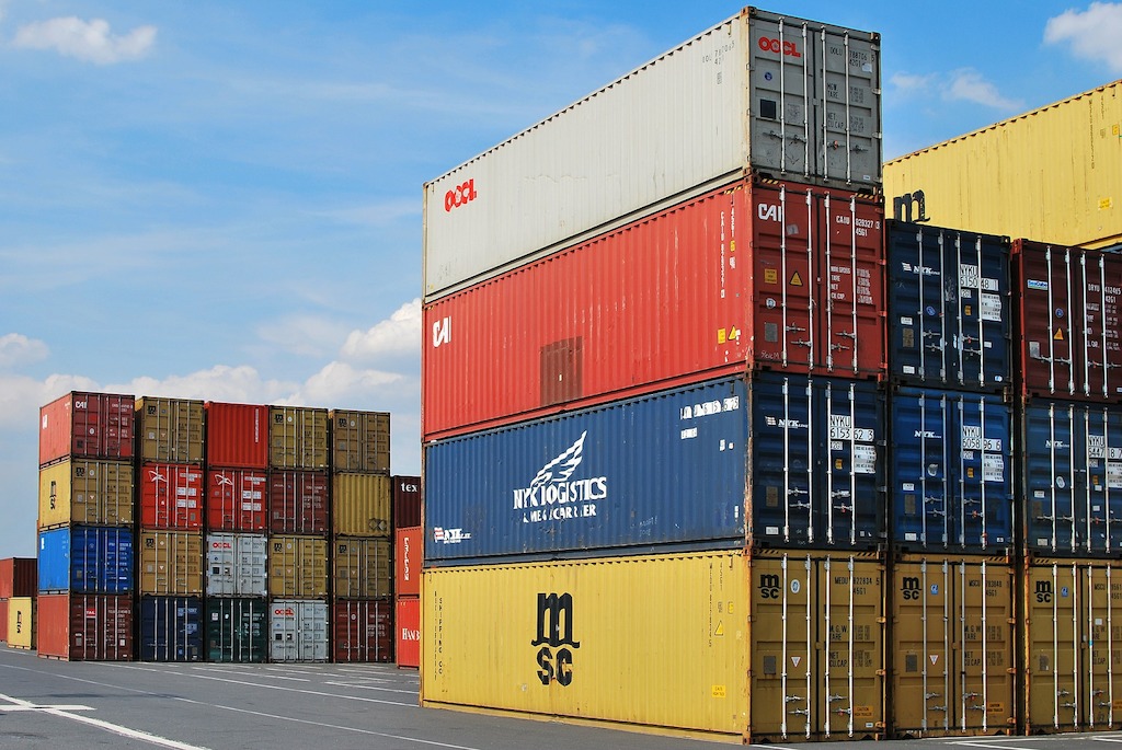 Photo of containers at a port.