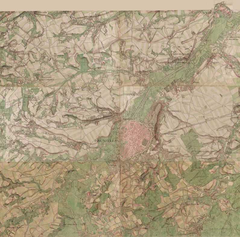 Kabinetskaart van Ferraris<br/>Keizerin Maria-Theresia beslist in 1759 om een kaart van de Oostenrijkse Nederlanden te laten tekenen. Graaf Jozef van Ferraris (1726-1814) krijgt de leiding over het project. Alles wordt in het werk gesteld om een zo exact mogelijke kaart te vervaardigen, waarbij de kleinste geografische details van de regio’s in kwestie met de grootste zorgvuldigheid worden weergegeven. De kaart – wellicht een van de belangrijkste wetenschappelijke documenten van de cartografische geschiedenis van de Nederlanden – werd vervaardigd in 1778 en is de eerste die het volledige Belgische grondgebied voorstelt. Met haar 275 bladen samen heeft de kaart een totale oppervlakte van meer dan 300 m².<br/>Bekijk de volledige kaart online: http://www.kbr.be/collections/cart_plan/ferraris/ferraris_nl.html