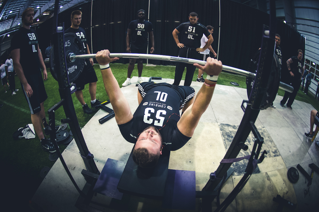 Jean-Simon Roy competing in the Bench Press at the CFL Combine presented by adidas. Photo credit: Johany Jutras/CFL