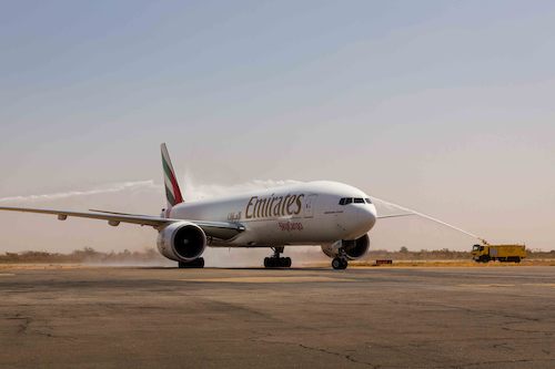 Emirates SkyCargo flight EK9708 receives a traditional water cannon welcome after arriving at Ouagadougou in Burkinao Faso.
