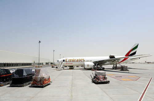 An Emirates SkyCargo Boeing 777 Freighter at Dubai World Central's Al Maktoum International Aiport
