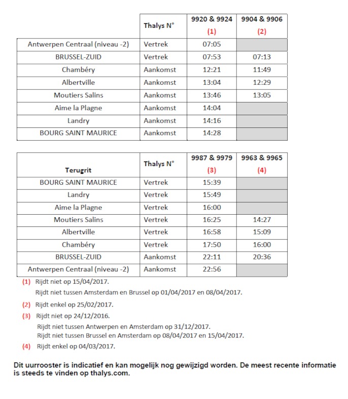 Dienstregeling Sneeuw-Thalys
