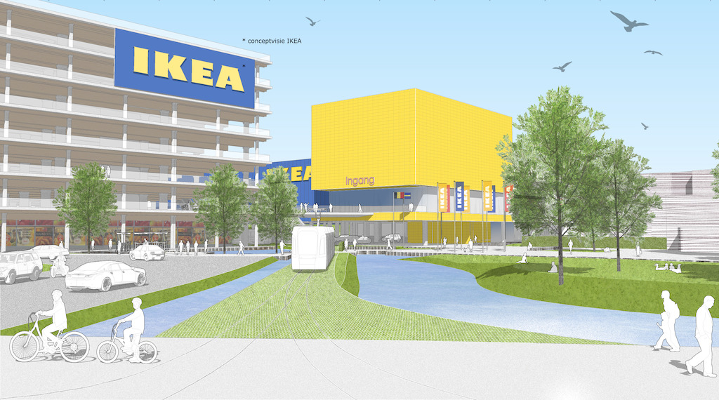 Schets van de nieuwe IKEA vestiging op de Havanasite - Zicht op het voorplein vanaf de Noorderlaan