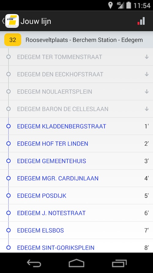 De Lijn - app halteaankondiging<br/>De app toont de volgende haltes en bijhorende reistijd als 'parelsnoer'