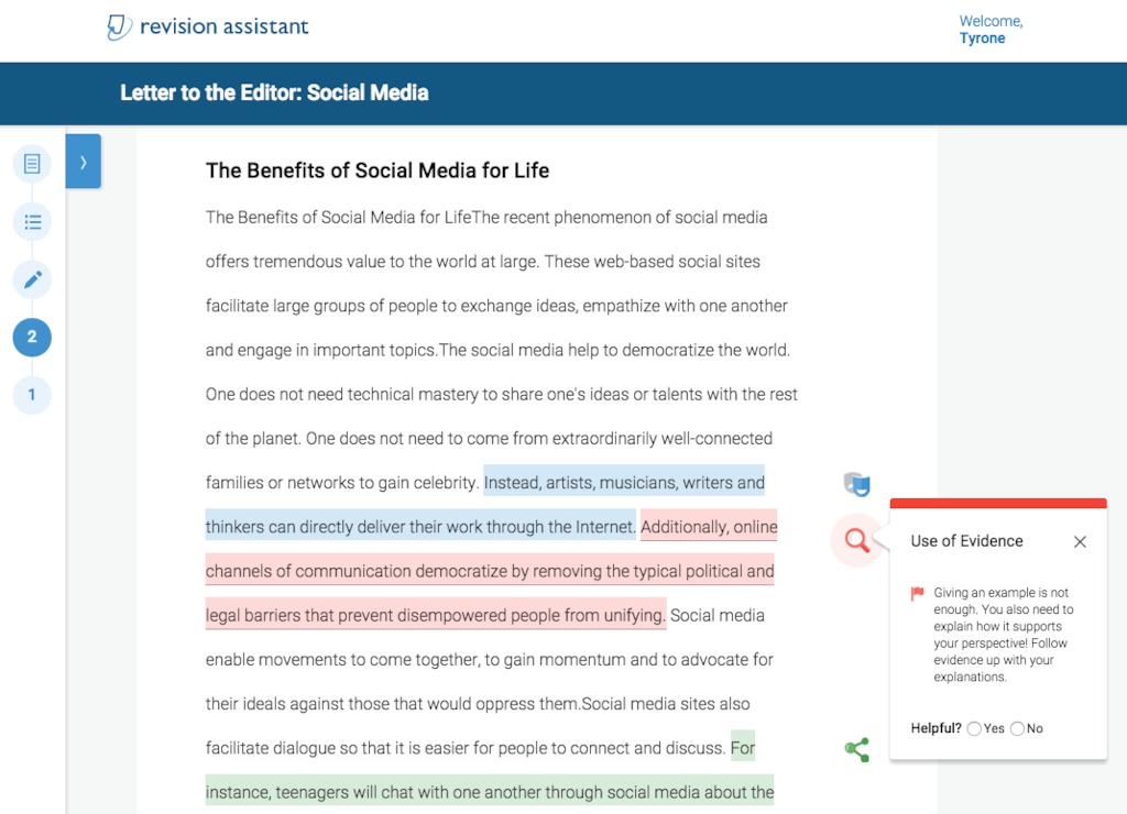 In-line comments on the essay help focus the student on specific areas of the essay. Each Signal Check includes four comments--one for each rubric category. Two comments indicate places where the student is performing relatively well and are indicated with green check marks. Two comments, preceded by red flags, let students know that these are weak areas. All comments provide constructive guidance that help students apply their strengths elsewhere and recognize and take action to improve weaker areas.