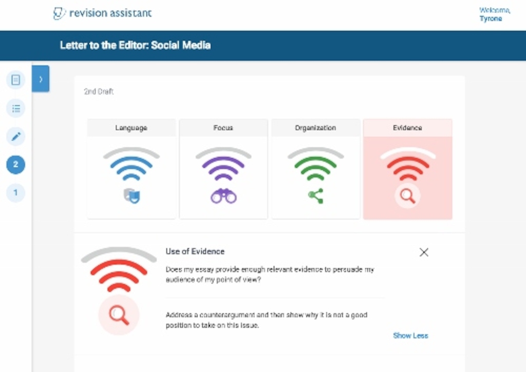 Wifi-like signals demonstrate to students how they’re performing on the whole essay. Each signal is based on a trait related to the genre. Four traits per assignment help students practice all of the skills needed to write for any audience.