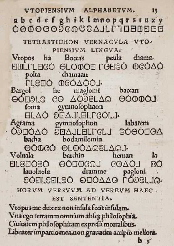 Utopia & More © Utopian alphabet, in: Thomas More, Utopia, 1518, Basel, Johann Froben. Leuven, University Library KU Leuven.
