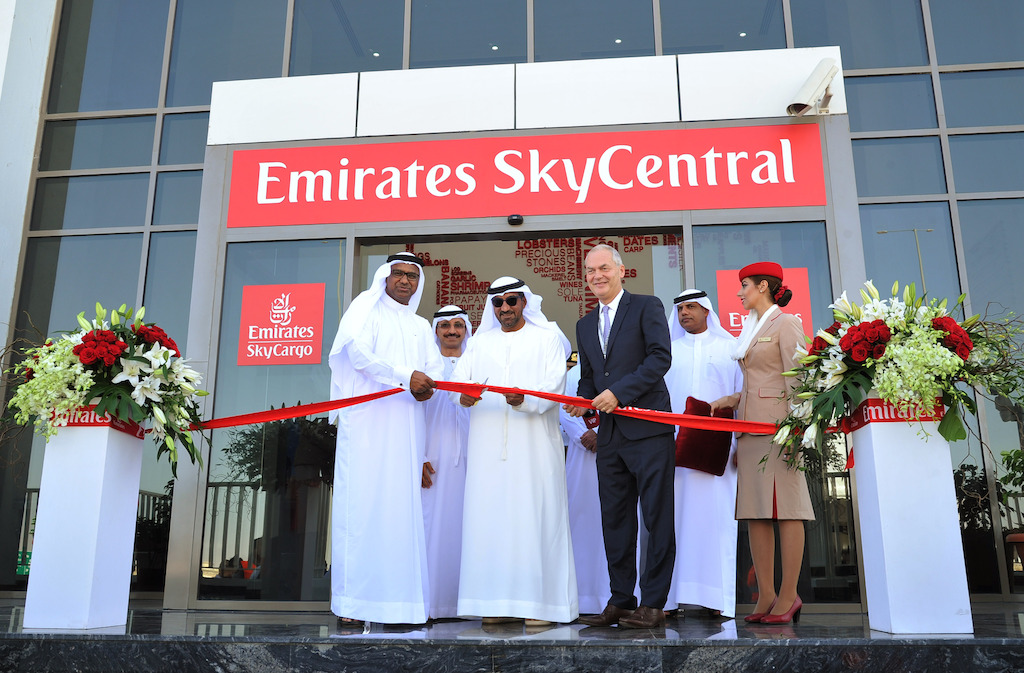 His Highness Sheikh Ahmed bin Saeed Al Maktoum, Chairman and Chief Executive of Emirates Airline and Group, with Thierry Antinori, Emirates Executive Vice President and Chief Commercial Officer, (right),<br/>Nabil Sultan, Emirates Divisional Senior Vice President, Cargo, (left), His Excellency Sultan Ahmed Bin Sulayem, Chairman of Ports, Customs and Free Zone Corporation (back row left) and His Execellency Ahmed Mahboob Musabih, Director of Dubai Customs (back right), officially opens Emirates SkyCargo’s new terminal, Emirates SkyCentral.