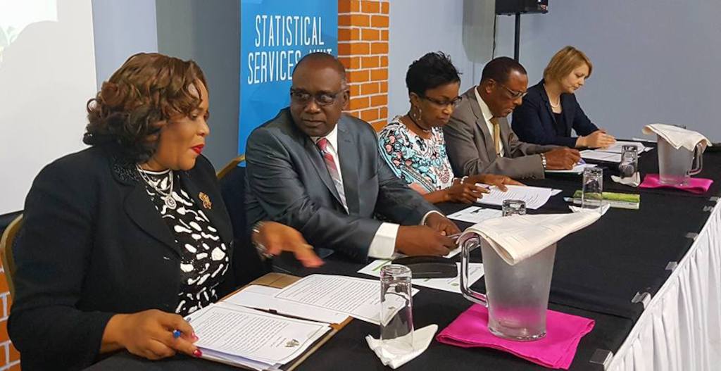 Head table at the OECS RSDS Launch (L-R Mrs. Gloria Joseph, Permanent Secretary in the Ministry of Planning, Economic Development and Investment in Dominica; Hon. Oliver Joseph, Minister of Economic Development, Trade, Planning, Cooperatives and International Business in Grenada; Dr. Gale Archibald, Head of the Statistical Services Unit at the OECS Commission; H.E. Sydney Osbourne, OECS Commissioner and CARICOM Ambassador for St. Kitts and Nevis; and Ms. Yevgniya Savchenko, Economist at the World Bank.
