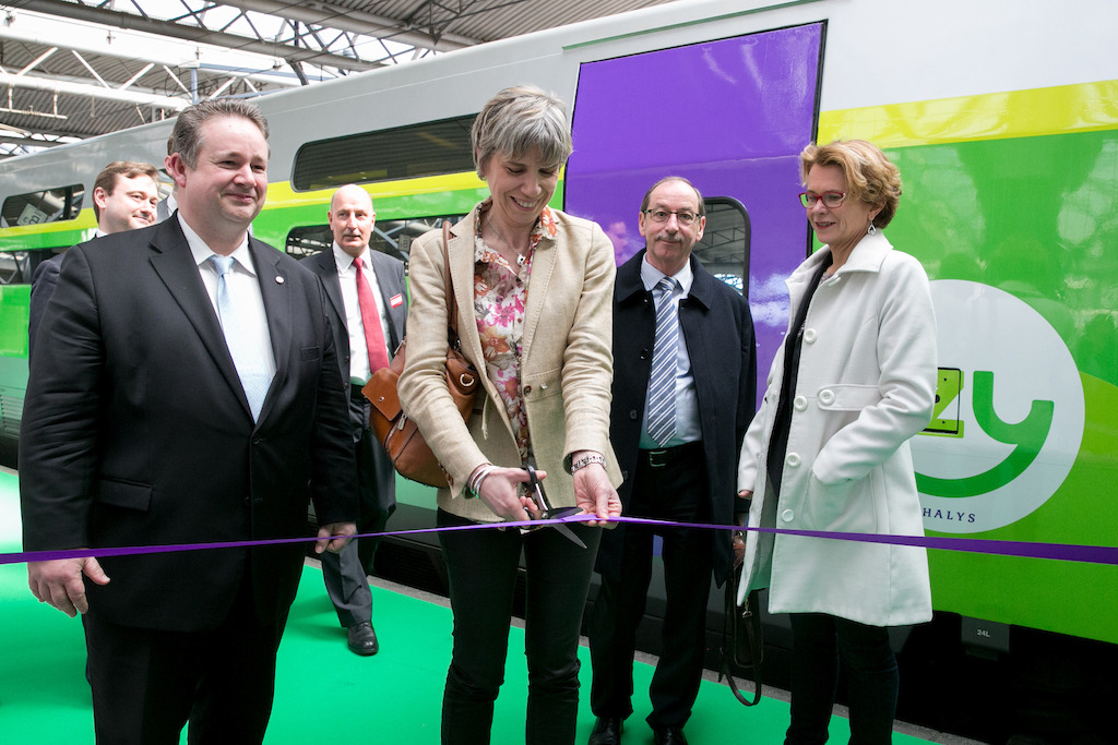 Inauguration of the very first IZY train by Agnès Ogier, CEO of Thalys, in the presence of Philip Cordery, Representative of French citizens outside of France, Michel Jadot, Head of SNCB Europe and Axelle Pollet, spokesman for Mrs. Jacqueline Galant, Federal Minister for Mobility.