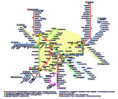 Netplan van het nieuwe nachtnet van De Lijn in Gent. Het net gaat van start op 17 oktober 2014.