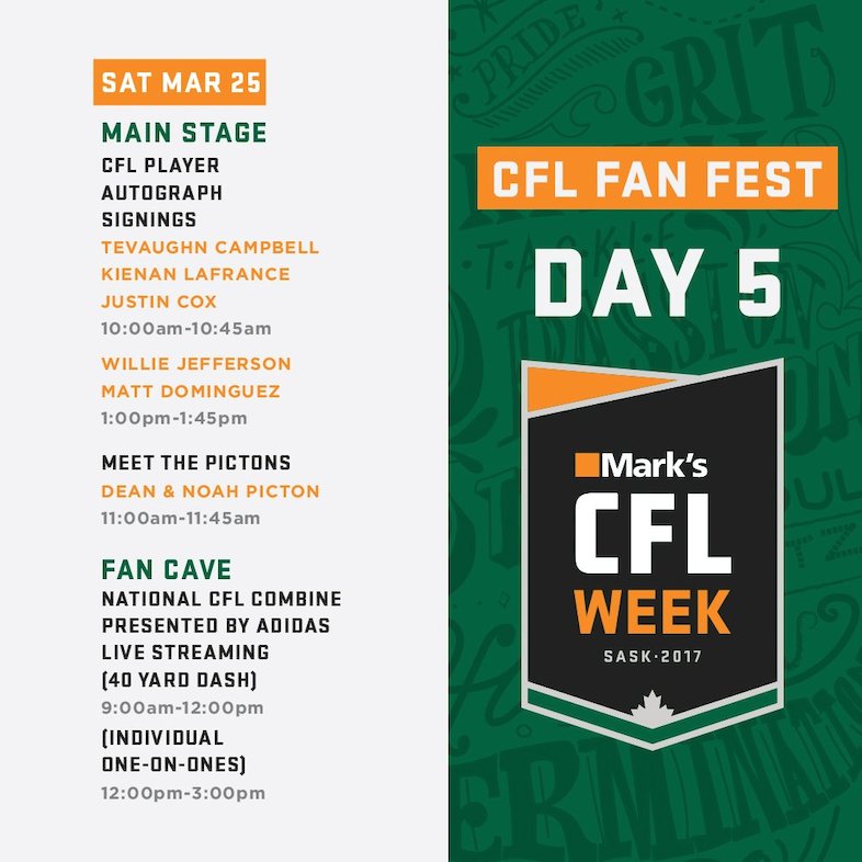 The #MarksCFLWeek FanFest schedule for Saturday March 25th