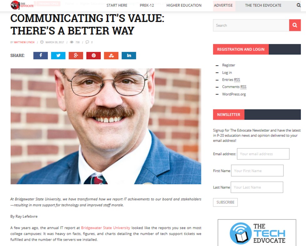 Panelist Ray Lefebvre writes in The EdAdvocate about communicating IT’s value to key stakeholders. http://bit.ly/bridgewaterIT