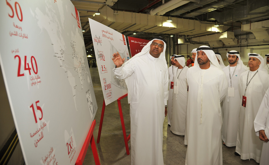Nabil Sultan, Emirates Divisional Senior Vice President, Cargo, shows His Highness Sheikh Ahmed bin Saeed Al Maktoum, Chairman and Chief Executive of Emirates Airline and Group, and members of the VIP delegation touring the facilty, some facts and figures about Emirates SkyCentral.