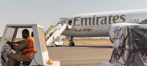 Cargo being offloaded from Emirates’ Boeing 777F at Ouagadougou Airport.