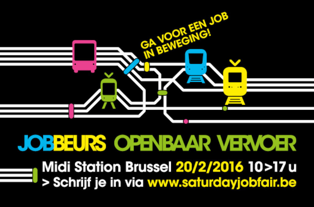 De affiche van de jobbeurs op 20 februari 2016 in brasserie Brussel Midi aan het Zuidstation.