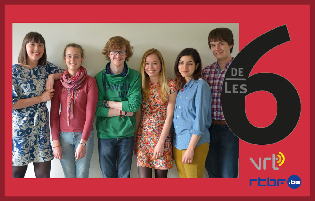 DeZES|lesSIX : vlnr Charlotte Verdoodt, Alice Van Leuven, Merlijn de Coorde, Alix Lagasse, Clara Lévy, Pierre Vopat - (c) VRT/RTBF