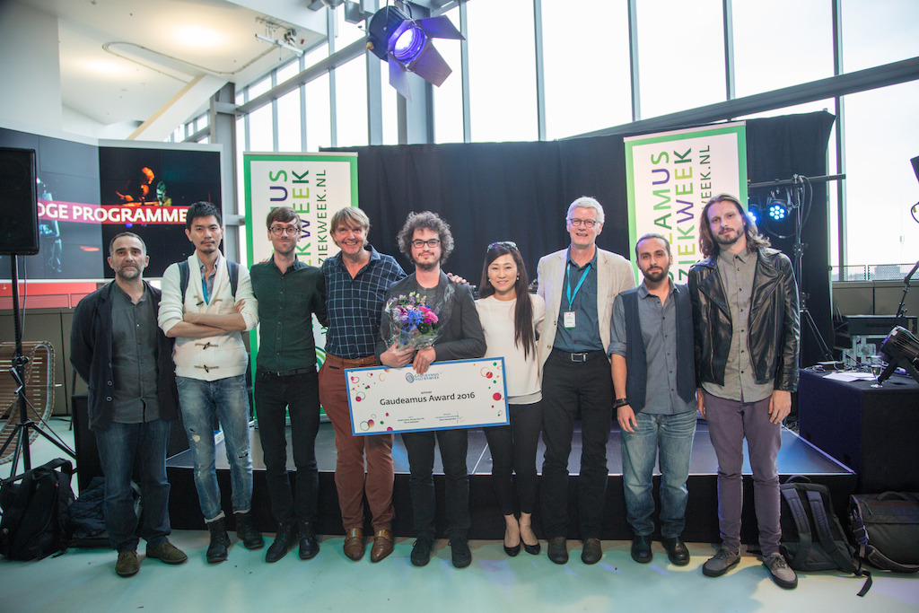 Gaudeamus Award 2016: vlnr Shih-Wei Lo, David Bird, Willem Jeths, Anthony Vine, Seung Won Oh, Henk Heuvelmans, Giulio Colangelo, James O'Callaghan (c) Herre Vermeer