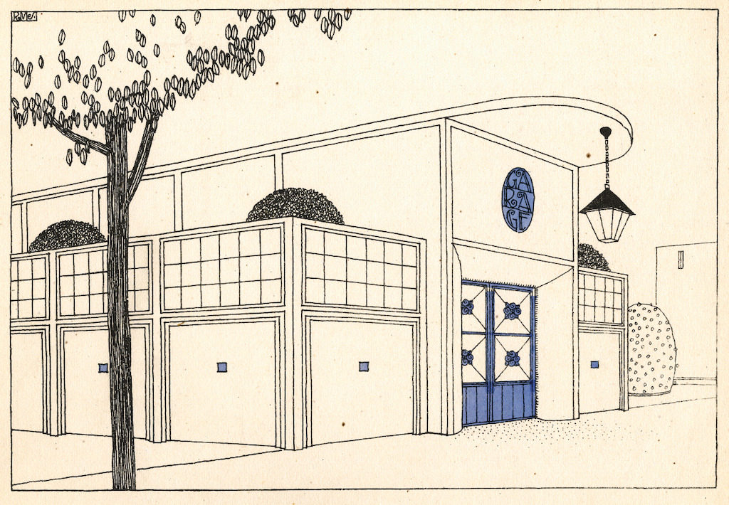 Garage, planche n°13 du portfolio Une Cité Moderne, Rob Mallet-Stevens 1924 / Garage, plaat nr. 13 uit de portfolio Une Cité Moderne van Rob Mallet-Stevens, 1924.