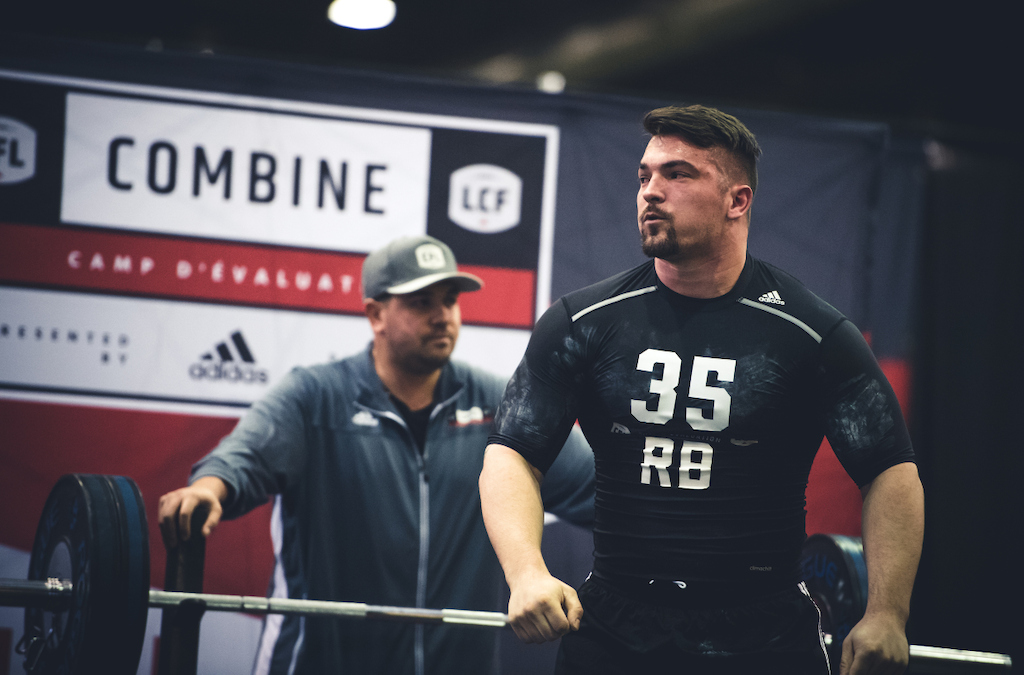 Anthony Gosselin competing in the Bench Press at the CFL Combine presented by adidas. Photo credit: Johany Jutras/CFL