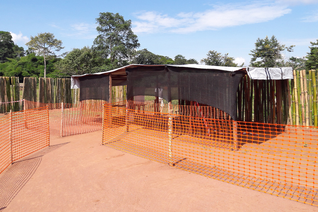 One of the two Ebola treatment centers setup by MSF in Likati area. Because of the little number of cases as well as the logistical difficulty of bringing in supply in this remote region, it was preferable to setup small structures rather than the large structures that were needed in the big West Africa outbreak of 2014-2015. Photographer: MSF Staff