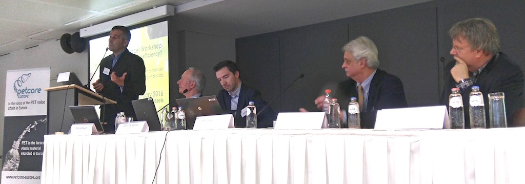 Discussion (from left: Jean-Luc Azzani, P&G; Patrick Peuch, Petcore Europe; Gian de Belder, P&G; Tom Busard, NAPCOR; Johan Kerver, FiliGrade)