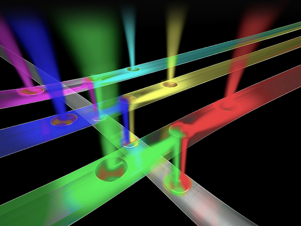 An artist’s impression of a network of optical wires receiving and routeing different streams of information to enable ultra-fast transmission of information in multicore processors for gaming and high-performance computing. Image: ANU