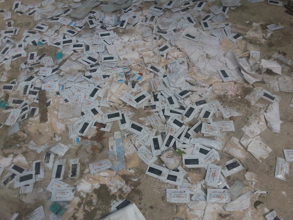This cell phone photo shows the MSF clinic in Leer, South Sudan, following looting. Medical activities in the area remain suspended two months on as fighting continues and access to the affected populations is blocked. Photo: MSF
