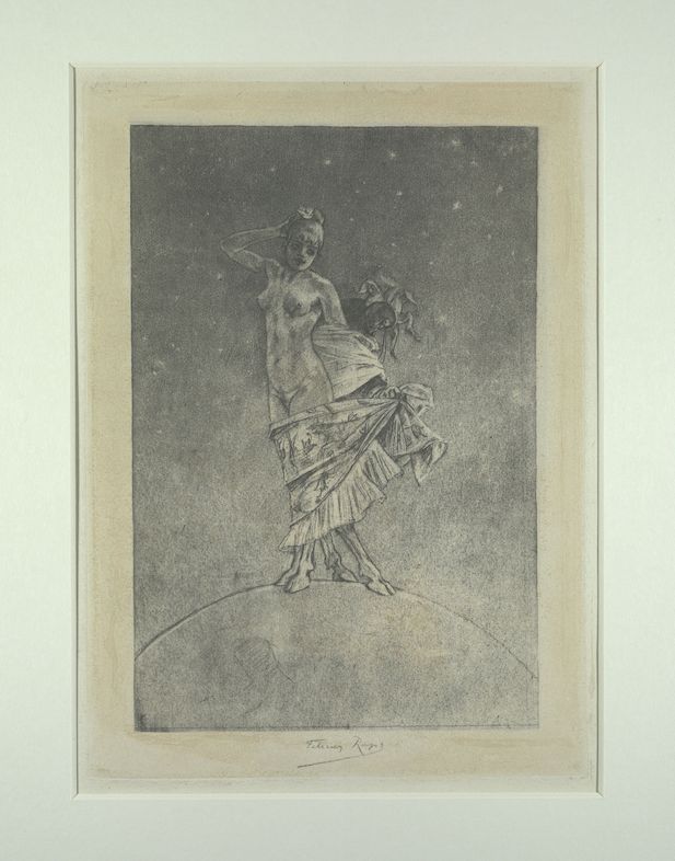 “Prostitutie en waanzin heersen over de Wereld” van Félicien Rops<br/>Deze prent en zijn koperplaat maken deel uit van een collectie die de dochter van Félicien Rops naliet aan de Koninklijke Bibliotheek. De prent werd gemaakt als illustratie voor “Les Diaboliques”, de bundel met schandaalnovelles van Jules Barbey d’Aurevilly (1808-1889). Ze is geïnspireerd op een eerste tekening van Félicien Rops waarvan hij de thema’s omkeerde. We zien er hoe Prostitutie en Waanzin over de wereld heersen. De bokkenpoten benadrukken het beeld van een dierlijke drift die de wezens bezielt en doet afdwalen van het rechte pad, ver van elke moraal.<br/>Bekijk het werk in detail op http://uurl.kbr.be/1429403