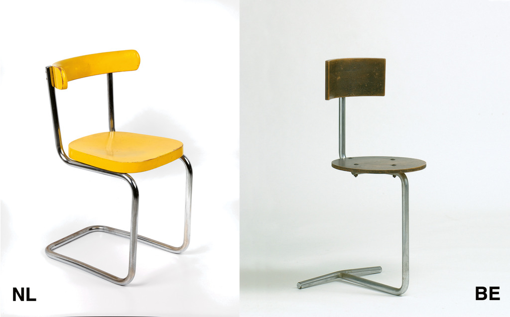 Links: Mart Stam, stoel, uitvoering Thonet, 1931, staal en hout. Collectie Museum Boijmans Van Beuningen, Rotterdam. Foto: Tom Haartsen. Rechts: Gaston Eysselinck, typistenstoel, 1931, staal en hout. Collectie Design museum Gent.