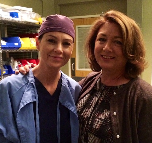 Ellen Pompeo with Maggie on set.