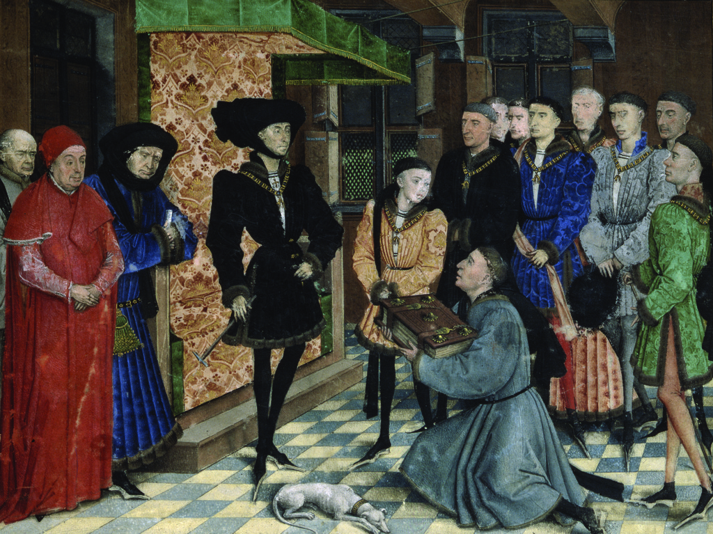 Présentation du manuscrit des Chroniques de Hainaut au duc Philippe le Bon<br/>miniature attribuée à Roger de la Pasture<br/>KBR- ms. 9242 – folio 1 recto