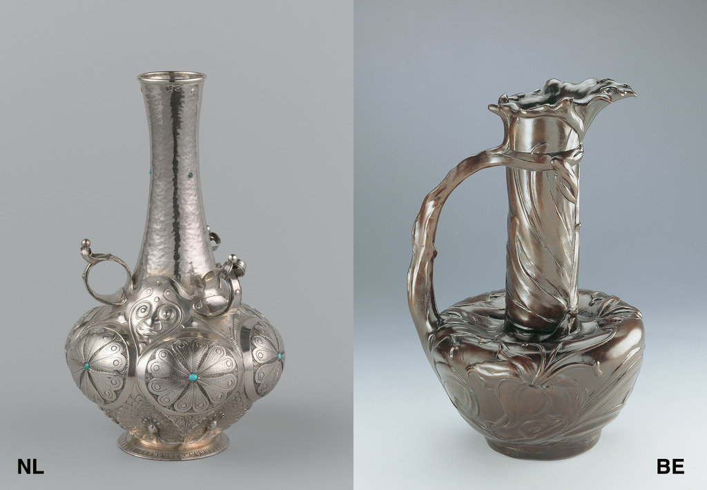 Links: Frans Zwollo, 1900, zilver en turkoois. Collectie Rijksmuseum Amsterdam. Rechts: Philippe Wolfers, ‘Les Lys’, 1897, brons. Collectie Design museum Gent.
