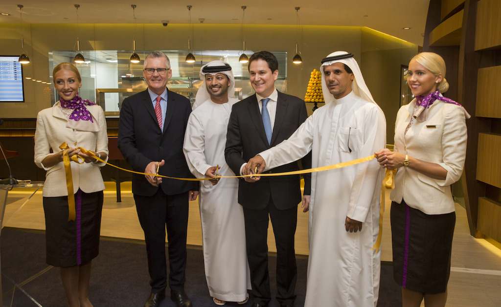 links: Shane O’Hare, Etihad Airways Senior Vice President Marketing; Mohammed Al Katheeri, Acting Chief Operations Officer of Abu Dhabi Airports; Peter Baumgartner, Etihad Airways Chief Executive Officer; and Khaled Almehairbi, Etihad Airways Senior Vice President Abu Dhabi Airport Operations