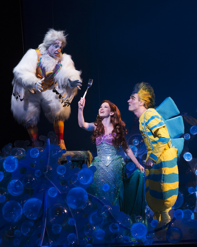 Jamie Torcellini as Scuttle, Alison Woods as Ariel and Adam Garst as Flounder. Photo by Bruce Bennett, courtesy of Theatre Under The Stars.