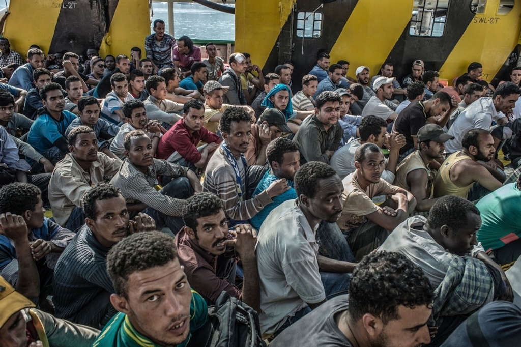Photographer: Francesco Zizola <br/><br/>Caption: On board the Bourbon Argos following a rescue in the Mediterranean. The refugees will be taken to Italy.