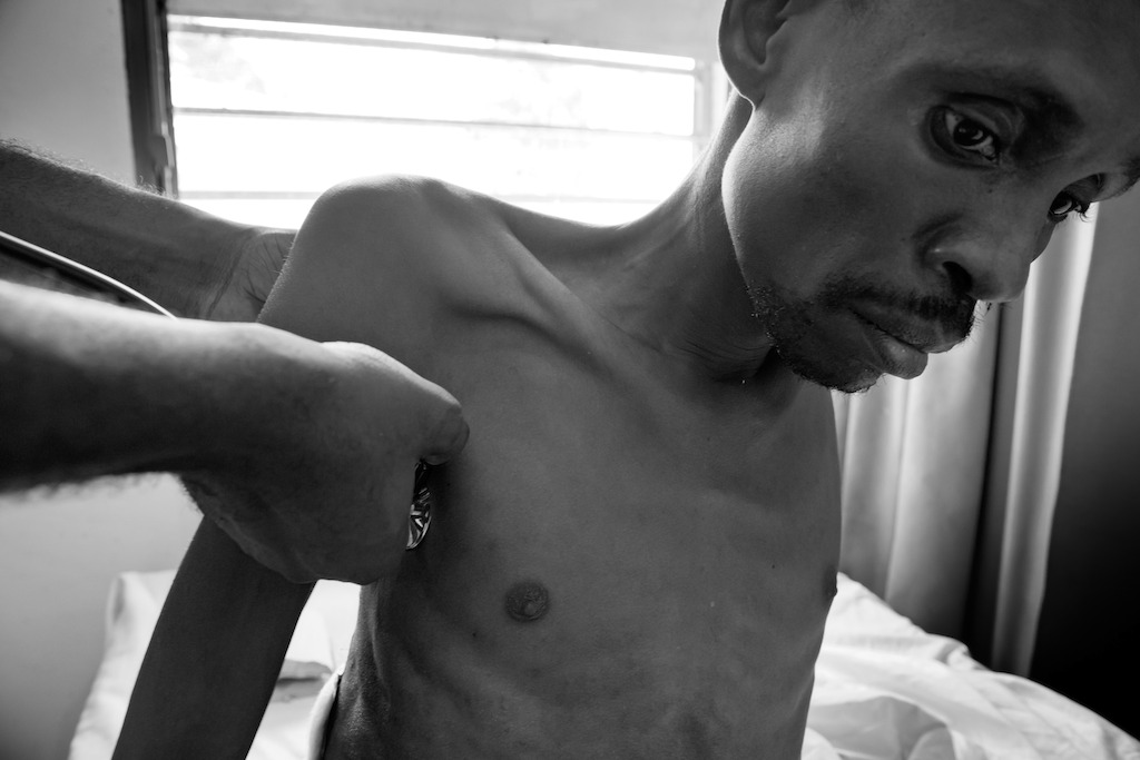Kinshasa, DRC: André, 42, photographed in the HIV-AIDS ward of the Centre Hospitalier Kabinda in Kinshasa, DRC, 24 january 2012.<br/><br/>MSF has observed an excessively high number of patients arriving at the Centre Hospitalier de Kabinda (CHK) in Kinshasa, with serious complications resulting from lack of treatment. The number of HIV-positive people in DRC is currently estimated at more than one million, 350,000 of whom could benefit from ARV treatment. However, only 44,000 are receiving treatment at this time. This represents a 15 percent ARV coverage rate, one of the lowest in the world (of all African countries, only Somalia and Sudan have similar rates). Credit: Mario Travaini/MSF