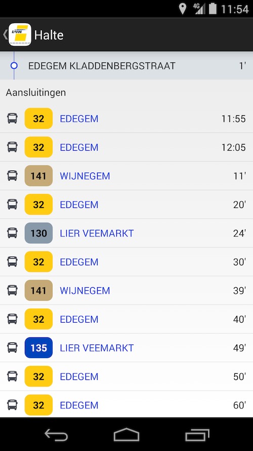 De Lijn - app halteaankondiging<br/>De app toont de mogelijke aansluitingen<br/>mm' = realtime reisinfo<br/>uu:mm = volgens de dienstregeling (geen realtime info beschikbaar)