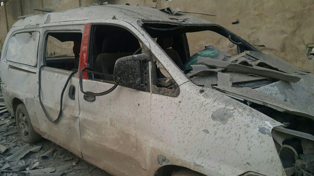 Damaged hospital car<br/><br/>The last two functional ambulances in Al-Marj neighbourhood (in the East Ghouta besieged area near Damascus) were destroyed beyond repair in an aerial bomb attack on Monday 05 December 2016. They were parked in the hospital’s warehouse/garage, very near to the makeshift hospital’s location. Two hospital cars, used to transporting supplies and medical personnel, were also destroyed in the blast. The lack of ambulances will have an impact on the ability to quickly treat wounded when there is bombing or shelling in the area, but above all it will affect the capacity to refer the most sick patients to larger secondary referral hospitals. The makeshift hospital in Al-Marj is not equipped for complex or long-term in-patient hospital care, and this could have a big impact on the ability to refer patients for appropriate secondary care. Photographer: MSF
