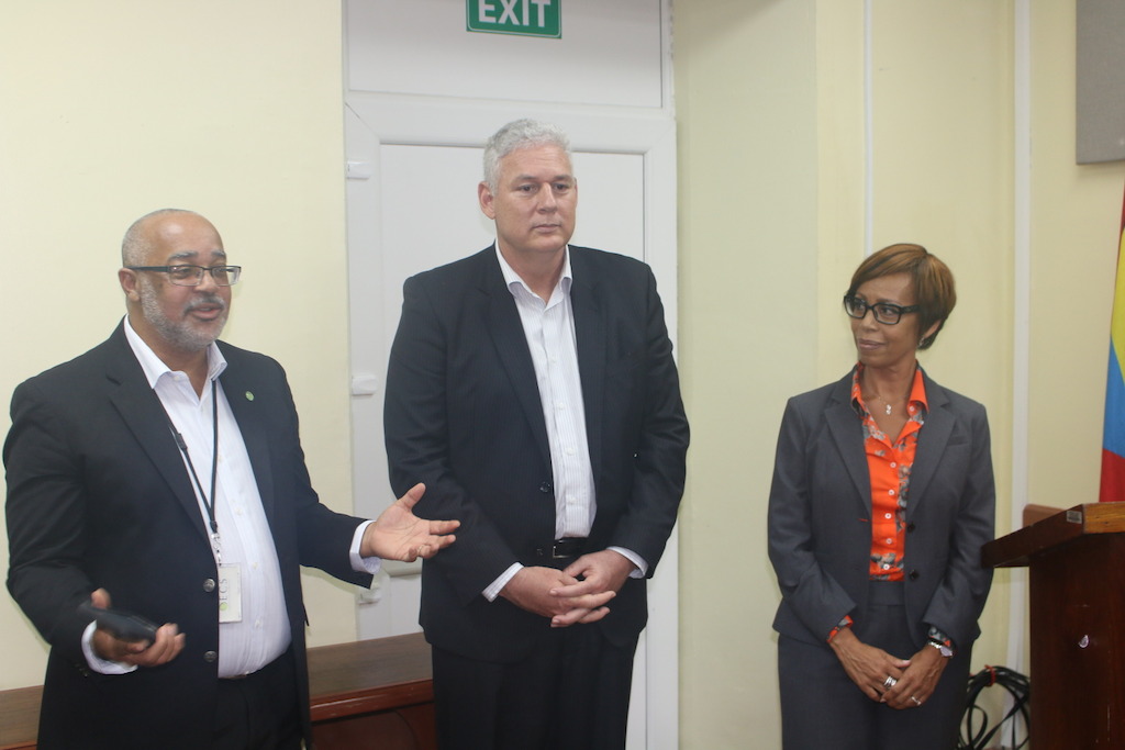 (L to R) OECS Director General Dr. Didacus Jules, Hon. Allen M. Chastanet, Prime Minister of Saint Lucia and Gale Jean Baptise, Head of Human Resources address staff at the OECS Commission