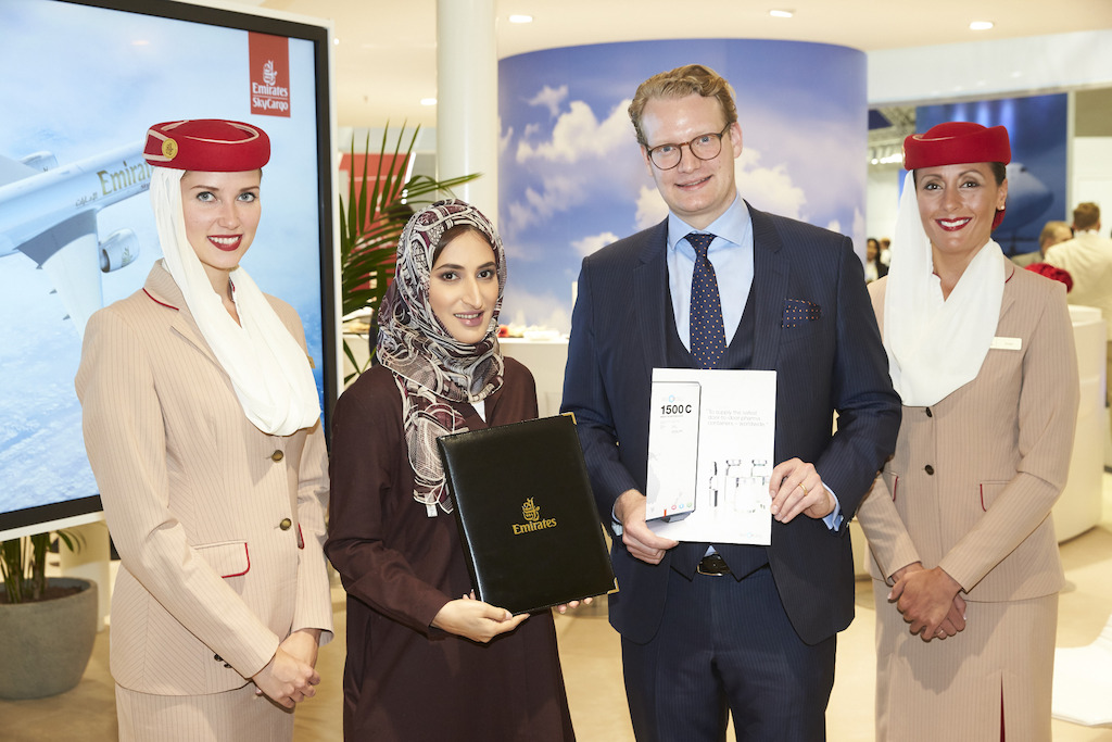 Moaza Al Falahi, Vice President Cargo Product Development and Local Affairs, Emirates SkyCargo with Richard Ettl, CEO and Cofounder, SkyCell AG at Air Cargo Europe, Munich