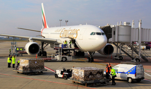 Cargo being loaded onto Emirates’ Airbus A330-200 aircraft at Budapest International Airport