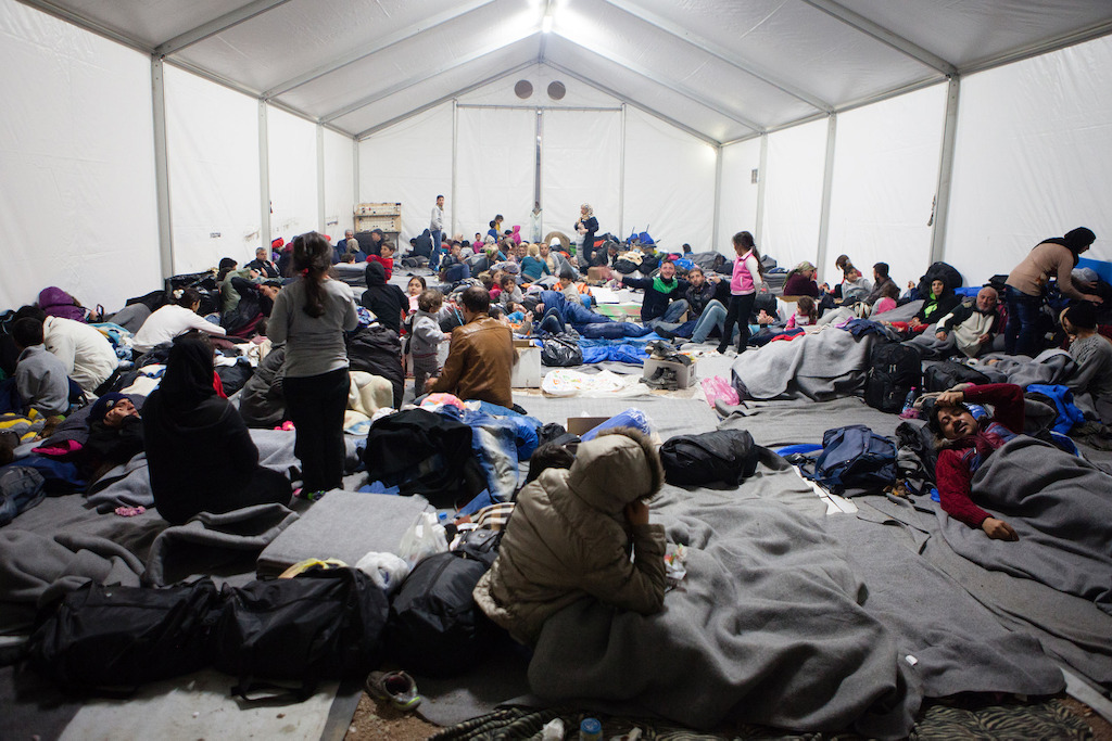 Inside a Medecins Sans Frontiers (MSF) accommodation tent at the transit camp in Idomeni, on the Greek - Macedonian (FYROM) border. Photographer: Alex Yallop
