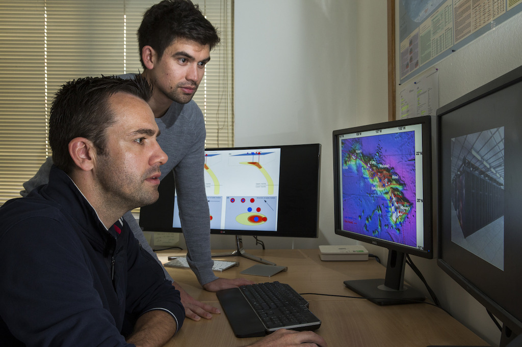 Dr Rhodri Davies and PhD student Tim Jones from the ANU Research School of Earth Sciences. Image: Stuart Hay, ANU.