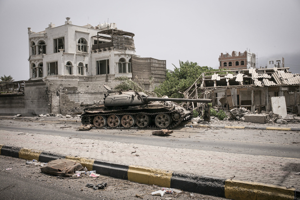 Khormaksar district an area once popular with tourist hotels next to the airport in Aden lies in ruins. July 2015. Photographer: Guillaume Binet