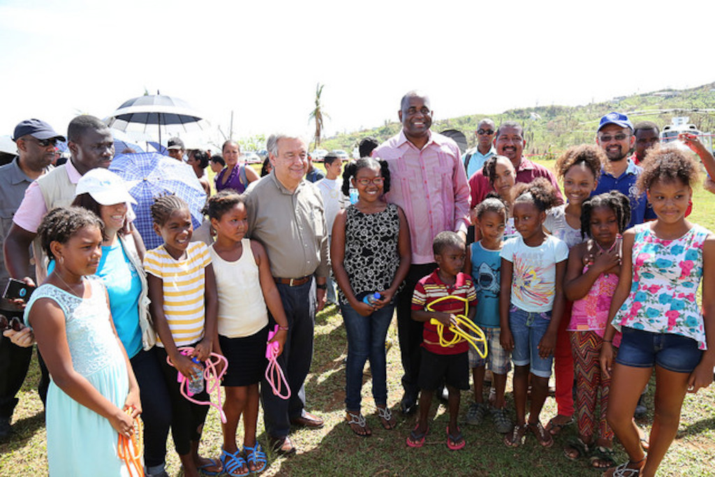 UN Secretary-General and Prime Minister of Dominica meet with children at the Kalinago Territory, Dominica.