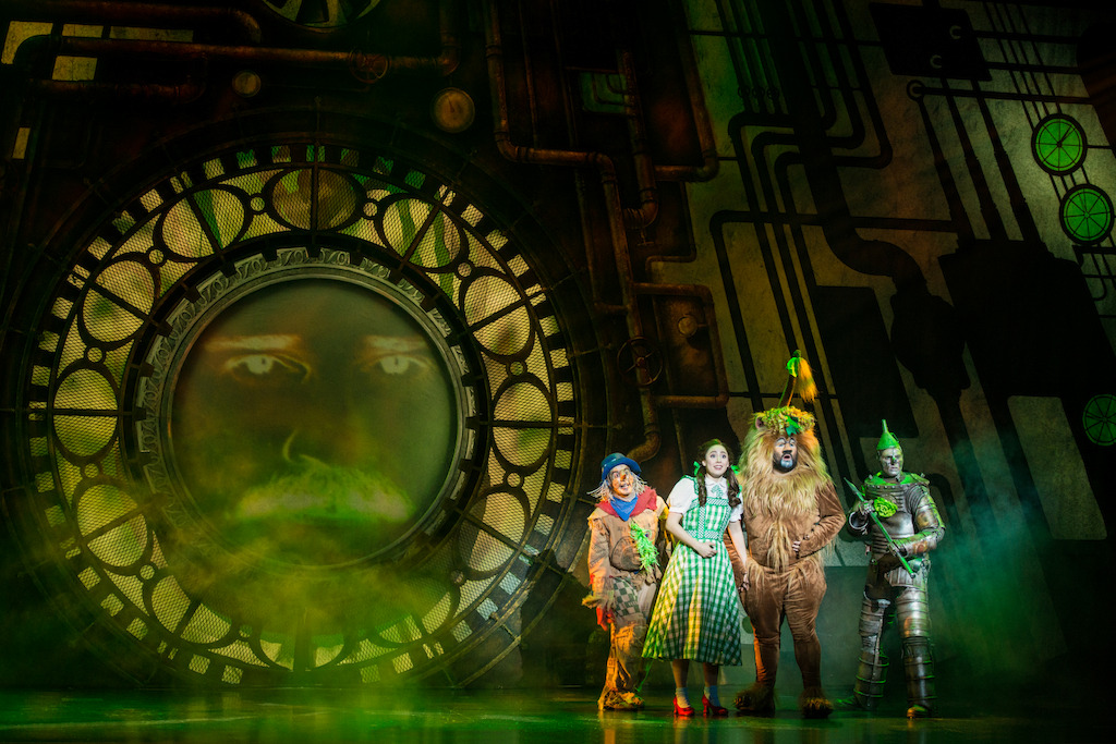 Mark A. Harmon as The Wizard, Morgan Reynolds as Scarecrow, Sarah Lasko as<br/>Dorothy, Aaron Fried as Lion and Jay McGill as Tin Man in the Wizard’s Chambers<br/>Photo credit: DANIEL A. SWALEC